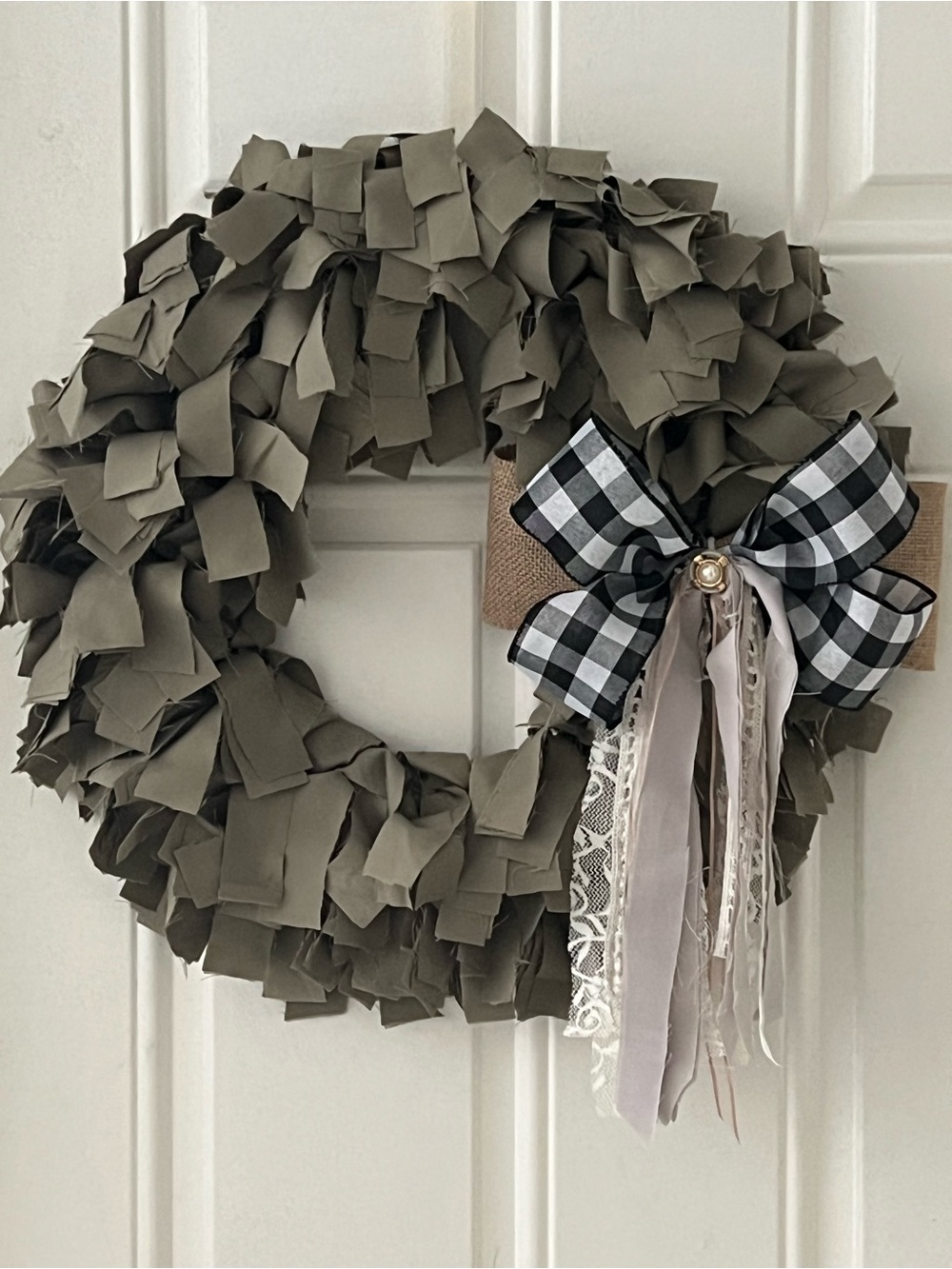 Farmhouse Neutral green  Rag Wreath with Black Buffalo Check Bow - Home